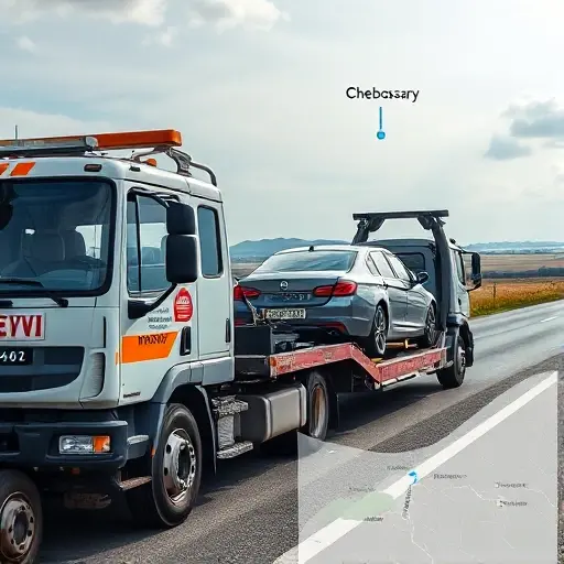 A tow truck in a Russian landscape, towing a damaged car from Moscow to Cheboksary, with cargo fixation equipment such as straps, chains, and a safety net visibly securing the vehicle, a clear view of the road and a subtle map overlay indicating the route, all depicted without any text, letters, or digits.