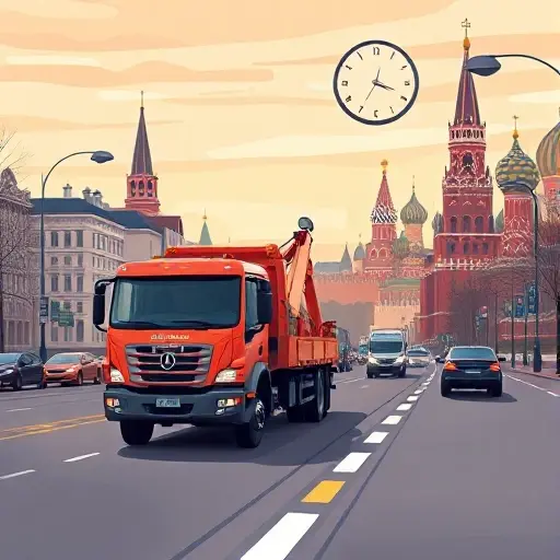 A realistic smallHQ style illustration of a tow truck driving on a busy Moscow street with recognizable city landmarks such as the Kremlin silhouette in the background. The scene shows a subtle visual cue of distance, like a road marker line extending forward, and a faint clock face in the sky indicating a specific time of day, along with a calendar-like icon suggesting a day of the week, all without any textual elements.