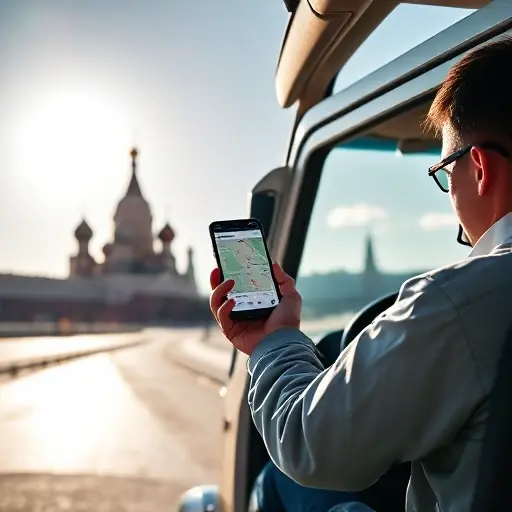 A modern tow truck with a driver, parked near a silhouette of the Moscow Kremlin, a smartphone in the driver's hand displaying a map interface, bright sky and cityscape background, realistic lighting and details, smallHQ style