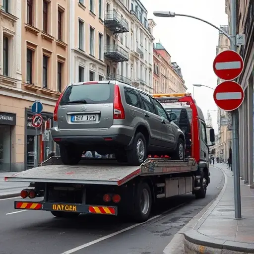 A detailed scene of a tow truck in Moscow loading a vehicle onto its platform on a narrow city street, showing the challenges of loading and unloading, with surrounding urban elements like buildings, traffic signs, and limited space, emphasizing the complexity of the operation.