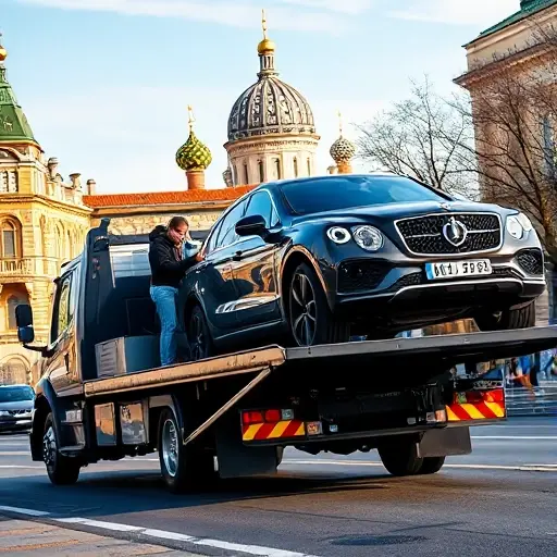 A professional tow truck pulling a car onto a flatbed in a Moscow street, with recognizable Moscow architecture such as the Kremlin dome in the background, showing a courteous driver assisting the vehicle owner, under a clear sky, realistic yet compact composition