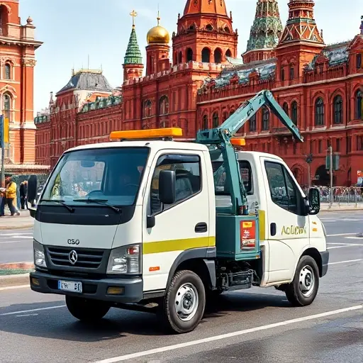 эвакуатор с манипулятором москва недорого A compact tow truck equipped with a hydraulic manipulator parked on a Moscow street, with iconic red-brick buildings and a subtle hint of the Kremlin in the background. The vehicle should look budget-friendly, featuring a simple paint job and minimal branding. The scene is daytime with clear skies and a few pedestrians walking by.