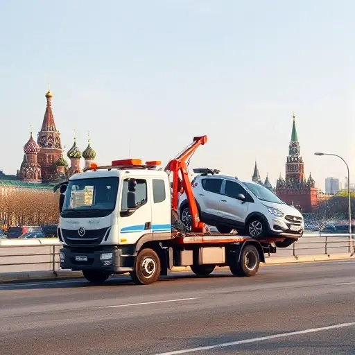 Эвакуатор Под Москвой: Полное Руководство A realistic scene of a modern tow truck (evacuator) operating on a road near Moscow, with recognizable elements of the Moscow skyline such as the Kremlin towers or the Moscow River in the background, clear sky, and the tow truck actively lifting a vehicle. The composition should convey a professional towing service in an urban Russian setting, without any text or signage.