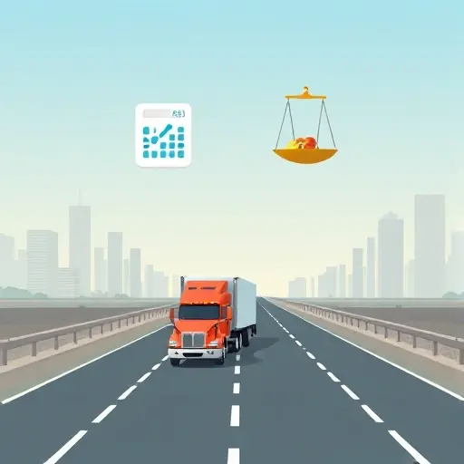 A tow truck driving on a highway between two city skylines, with a subtle floating calculator icon and a balance scale hovering above the road to symbolize cost calculation, all rendered in a realistic, detailed style