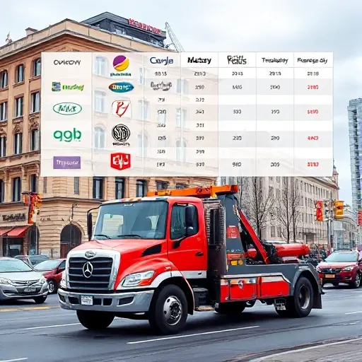 A realistic illustration of a tow truck parked in front of a Moscow building in the Krasnoselsky district, with a subtle overlay of a price comparison chart in the background showing different company logos and price tags, but no text or numbers visible, set in an urban street scene with cityscape and traffic