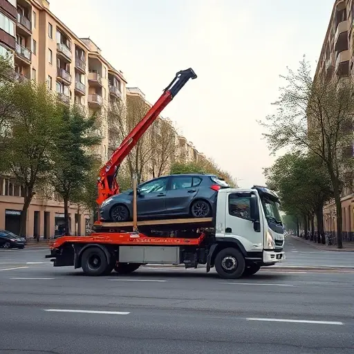 A realistic city street scene in the Khamoshnik district, featuring a modern tow truck with its crane extended, gently lifting a parked car onto its platform. The background shows typical Moscow apartment buildings, street trees, and a quiet urban atmosphere under a clear sky. The focus is on the tow truck and the vehicle being rescued, with no signage, logos, or text visible.