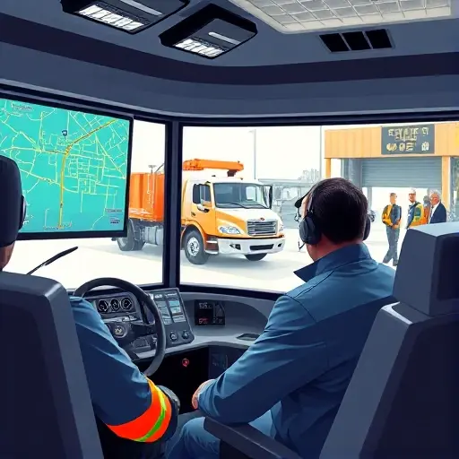 A modern tow truck control center with a driver in a headset monitoring a digital map on a large screen, a tow truck visible through a window, and a team of technicians coordinating in the background, all depicted in a clean, realistic style