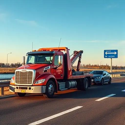 A realistic tow truck parked on a highway between Moscow and Balashikha, towing a car, with a clear sky and a subtle road sign indicating direction, no text or logos, in a high-resolution small format