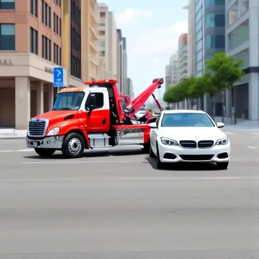 A realistic depiction of a tow truck pulling a car on a city street, with a clear background and no text or logos