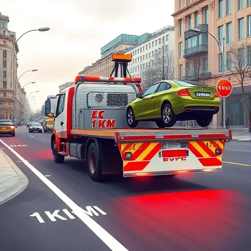 A realistic smallHQ style illustration of a tow truck (evakuator) on a Moscow city street, with distance markers indicating a 1 km segment and a loading platform showing a heavy object being loaded, emphasizing the difficulty of loading and unloading while conveying the concept of price per kilometer, without any text or signage.