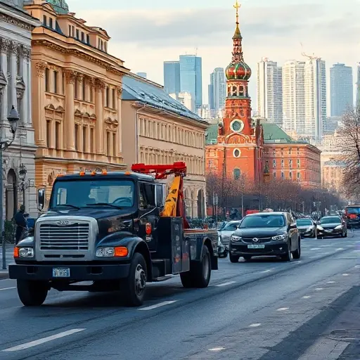 A realistic daytime scene of a Moscow street with recognizable Russian architecture, featuring a tow truck equipped with a winch pulling a car, the city skyline in the background, no text or signage