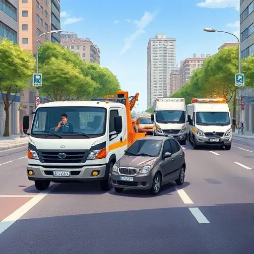 A realistic smallHQ illustration of a busy urban street called Avenue of Cosmonauts, showing a modern tow truck (evacuator) parked beside a broken-down car, the driver holding a phone, with other types of tow trucks visible in the background, city buildings, trees, and a clear sky, all without any text or signage