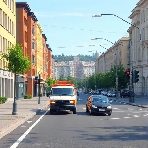 A realistic smallHQ style illustration of a Moscow street in the South-Eastern Administrative Okrug, showing a tow truck assisting a broken car. The scene includes typical city buildings, traffic lights, a sidewalk with trees, and a residential area in the background under a clear sky, with no visible text or signage.