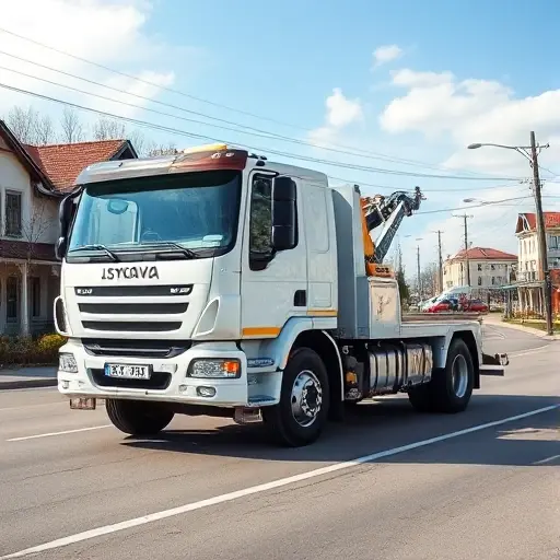 A bright, detailed tow truck parked on a quiet street in Lysykovo, with a clear sky and a small-town backdrop that conveys safety and reliability. The scene should emphasize the vehicle’s robust design and the calm, orderly environment of the town, without any people or additional vehicles in the foreground.