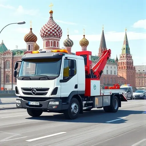 A realistic illustration of a modern tow truck driving through a Moscow street, with recognizable city architecture such as the Kremlin dome or typical Moscow buildings in the background, under a clear sky. The scene focuses on the vehicle, showing its hook and lights, with no text or signage visible.
