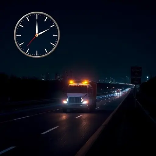 A realistic scene of a tow truck driving on a highway at night, with illuminated headlights and a faint city skyline in the distance, a subtle analog clock overlay showing a late hour, and a small road sign indicating a weekend, all without any text or lettering, conveying the concept of night or weekend towing service and extra charges.