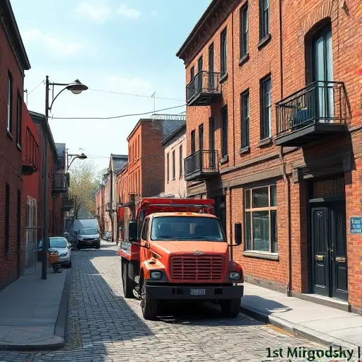 Эвакуатор в 1-м Миргородском переулке: Полное руководство A realistic small-town urban scene showing a tow truck parked in a narrow, cobblestone alley named 1st Mirgorodsky Lane, surrounded by modest brick buildings with balconies, street lamps, and a few parked cars, under a clear sky; the focus is on the tow truck and the alley atmosphere, without any visible text, signs, or numbers.