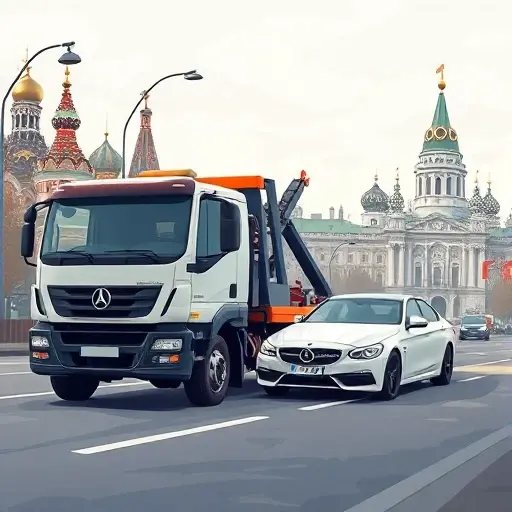 A realistic illustration of a modern tow truck pulling a damaged car on a city street, with subtle background hints of Moscow and St. Petersburg landmarks such as the Kremlin and the Winter Palace, showing a busy urban environment and a sense of professional service, without any text or lettering in the image