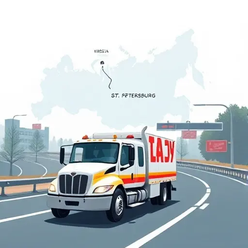 A realistic illustration of a tow truck (evacuator) driving on a highway that connects St. Petersburg and Moscow, with a subtle map outline of Russia in the background highlighting the two cities, focusing on the vehicle and road, without any text or signage, in a compact high-quality style.