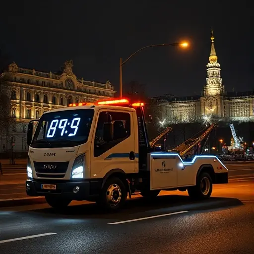 эвакуатор 24 часа москва дешевле A bright, modern tow truck parked on a Moscow street at night, with a large glowing 24-hour clock display on its side, the city skyline in the background, and a subtle price tag symbol indicating affordability, all without any visible text, letters, or numbers