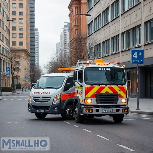 Эвакуатор в 4-м Красногорском проезде: Полное руководство A realistic tow truck (evacuator) parked on a quiet urban street named 4th Krasnogorsky Passage, with surrounding city buildings, streetlights, and a subtle hint of a road sign indicating the street name, but no visible text or numbers; the scene is captured in a clean, detailed smallHQ style, focusing on the vehicle and the environment