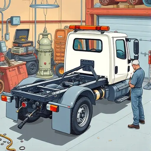 A detailed illustration of a frame tow truck in a Moscow repair workshop, showing its chassis construction and typical mechanical issues such as broken suspension, hydraulic leaks, and worn gears, with a mechanic examining the vehicle, all rendered in a compact, high-quality style
