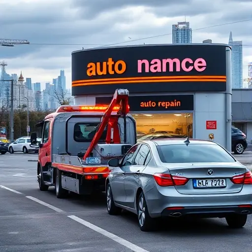 A modern tow truck pulling a car toward a busy auto repair shop in Moscow, with the city skyline in the background, no text or signage