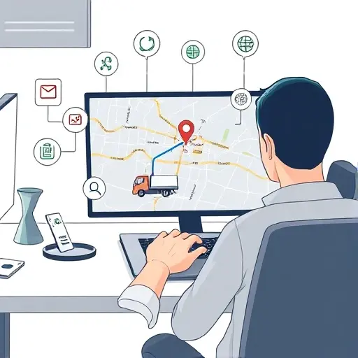 A modern person sitting at a desk using a laptop, with a stylized digital map of Moscow displayed on the screen, showing highlighted routes and a silhouette of a tow truck, surrounded by abstract icons representing search engines and aggregator platforms, rendered in a clean, detailed smallHQ style, without any visible text or logos