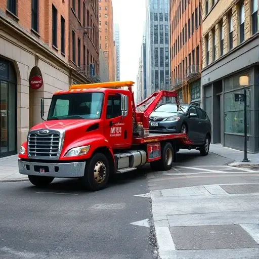 A tow truck parked on a narrow alley, towing a car, with a city background, no text or signage