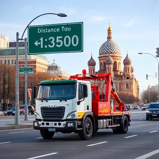 A realistic scene of a tow truck (evakuator) driving through a Moscow street, with recognizable Moscow architecture such as the Kremlin dome in the background and a road sign indicating distance markers, showing the concept of transport distance. The focus is on the vehicle and the urban environment, with clear sky and city details, no text or logos.