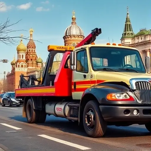 эвакуатор москва помощь A reliable tow truck in Moscow, parked beside a broken-down car on a busy city street with recognizable Moscow architecture such as the Kremlin dome in the background, showing the truck's hook ready to lift the vehicle, under a clear sky.