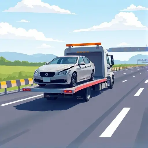 A realistic illustration of a tow truck safely transporting a damaged car on a highway, with safety barriers, a clear sky, and a calm driver, no text or signage visible