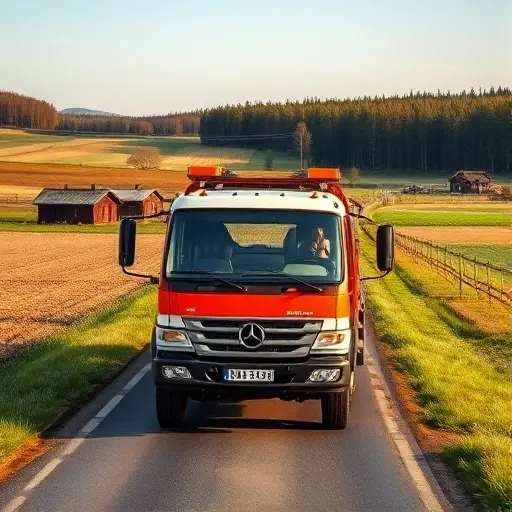 A realistic tow truck parked on a rural road in the Voronezh region of Russia, surrounded by typical Russian countryside scenery such as fields, a small wooden house, and a distant forest. The truck should be in a neutral pose, with its front open to suggest it is ready to tow a vehicle. The background should include a clear sky and subtle hints of the region's architecture, but no signage or text visible.