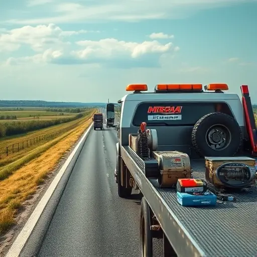 A realistic scene showing a modern tow truck on a long highway connecting Moscow and Vologda, with a scenic Russian landscape in the background. The truck is equipped with additional service tools such as a winch, fuel canister, and a portable battery charger visible on its side. The road stretches into the horizon, indicating a long-distance transport, while subtle details like a roadside assistance kit and a spare tire are visible on the truck bed. No text, logos, or signage appear in the image.