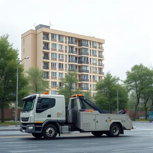 Эвакуатор в Москве: Лобачевского д. 2 – Полное руководство A realistic illustration of a modern tow truck parked on a quiet Moscow street, with a typical Soviet-era apartment building in the background. The street is lined with trees and streetlights, and the sky is overcast. The tow truck is in a neutral color, with a subtle logo on its side, but no text or numbers are visible. The scene should capture the calm, urban atmosphere of a Moscow residential area.