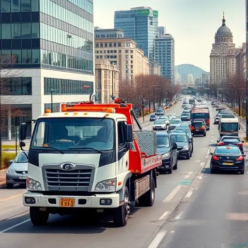 A realistic scene of a tow truck in Moscow's South-Eastern Administrative Okrug, positioned close to the viewer on a busy city street with dense automobile traffic, modern buildings and typical Moscow architecture in the background, under a clear sky, emphasizing the high traffic density and the presence of the affordable tow service