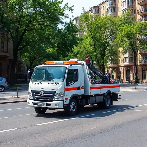 A realistic tow truck (evacuator) parked on a typical urban street scene representing 1st Borodinskaya Street, with surrounding mid‑rise residential buildings, street trees, and a paved road, under a clear sky; the focus is on the vehicle and the street atmosphere, without any visible text, signs, or numbers