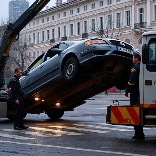 A realistic scene set in Moscow showing a car being lifted by a tow truck in an improper manner, the driver looking surprised, with recognizable Moscow architecture in the background and a police officer observing the situation, all without any visible text or signage