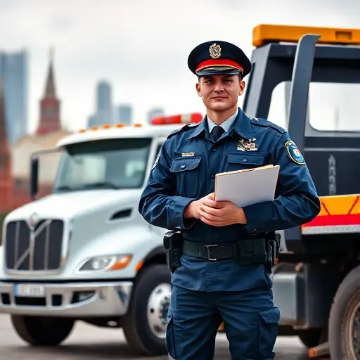 A GIBDD officer in uniform standing beside a tow truck in Moscow, holding a clipboard, with the city skyline in the background, no text or digits visible.