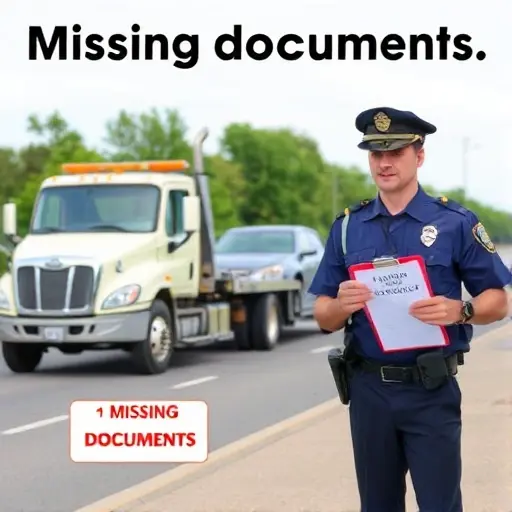 A tow truck pulling a car on a road, a police officer holding a clipboard, a sign indicating missing documents, no text in the image