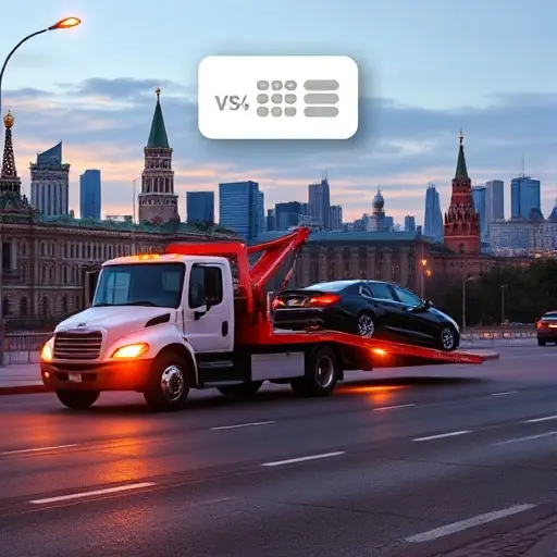 A tow truck pulling a sedan on a Moscow street at dusk, with the city skyline in the background and a subtle calculator icon floating above the truck to suggest price calculation, all in a realistic style without any text, letters, or numbers
