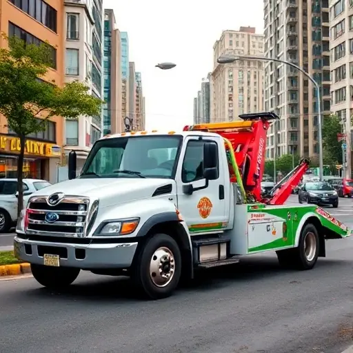 A tow truck parked on a street in Chekki, with a cityscape background, conveying a low-cost service vibe, no text or digits