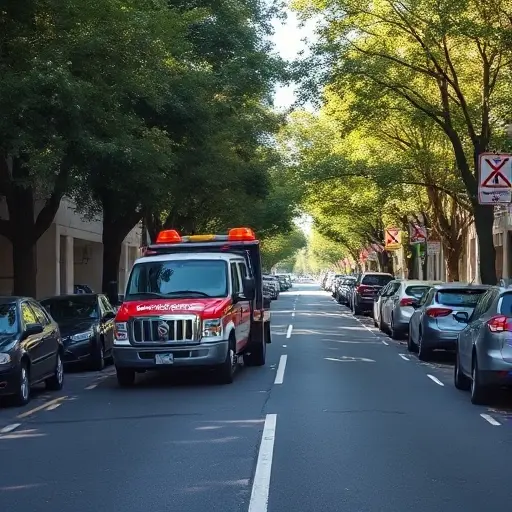 A small tow truck (evacuator) positioned on a quiet, tree-lined street named Hungarian Lilac Avenue, showing the surrounding narrow lane with parked cars and visible traffic and parking restriction signs, under a clear sky, realistic lighting, focusing on the vehicle and the street environment