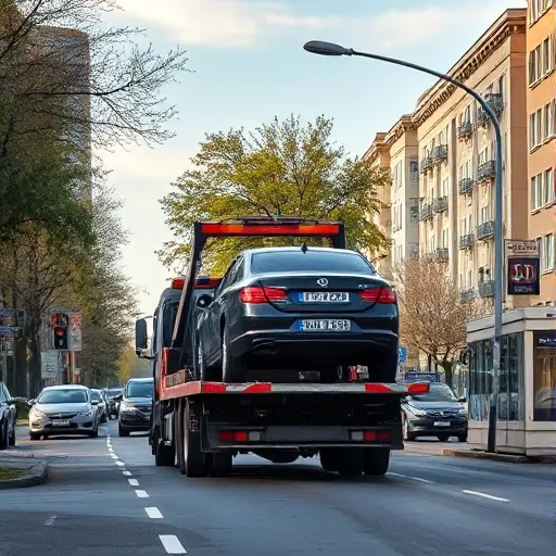 A realistic scene of a Kuntsevo street in Moscow with a tow truck lifting a broken car onto its platform, surrounding urban buildings and trees, a clear sky, and subtle traffic signs, focusing on the tow service activity without any text or logos