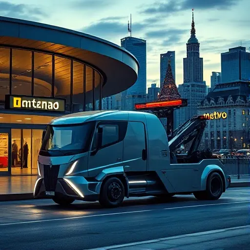 A futuristic tow truck parked outside a modern Moscow metro station, with a sleek, high‑tech design, surrounded by a city skyline at dusk, reflecting the growth prospects of the tow truck market in Moscow. The scene emphasizes innovation and urban infrastructure, with no visible text or signage.