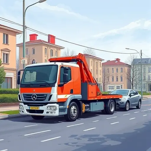 A realistic illustration of a modern tow truck parked on a quiet street in Surovikino, with a small cityscape background and a partially towed car