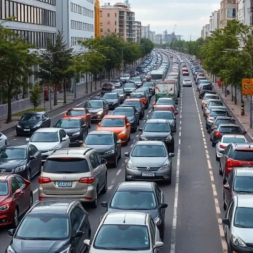 A busy urban street scene in Moscow's South-Eastern Administrative Okrug (ЮАО) during rush hour, showing heavy traffic congestion with many cars lined up, a few tow trucks (evakuators) navigating among the vehicles, modern buildings and trees lining the road, realistic lighting and perspective, no text or signage visible