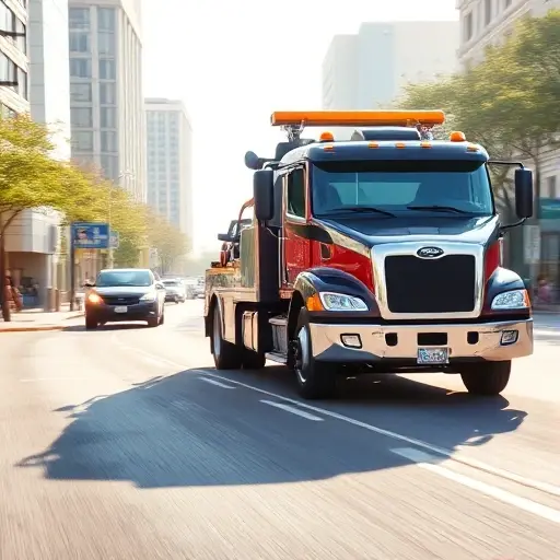 A dynamic scene showing a modern tow truck rapidly arriving at a roadside incident on a bright city street, with a distressed vehicle being towed, a clear sense of urgency and speed, all depicted in a clean, realistic style without any text or lettering