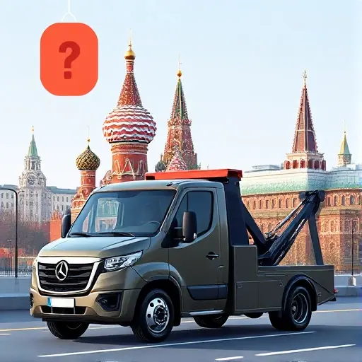 A modern tow truck parked in front of a recognizable Moscow landmark, such as the Kremlin or St. Basil's Cathedral, with a subtle price tag icon floating above the vehicle to suggest cost information. The scene should emphasize the tow truck’s sleek design and the city’s skyline, using a clear, realistic style without any textual elements.