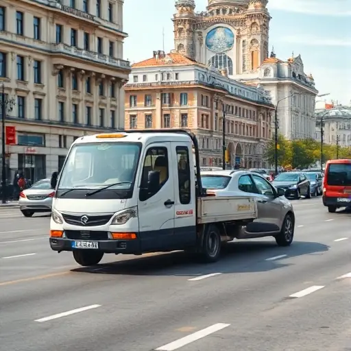 A realistic scene of a compact tow truck pulling a passenger car on a busy Moscow street, with city buildings and recognizable Moscow architecture in the background, showing the sense of quick arrival and movement, bright daylight, no visible text or signage